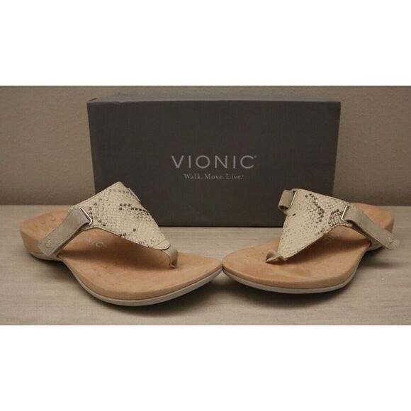 Vionic Women's Sz 7.5M Bone Leather Snake Print Leather T-Strap Sandal $100 - Picture 9 of 10